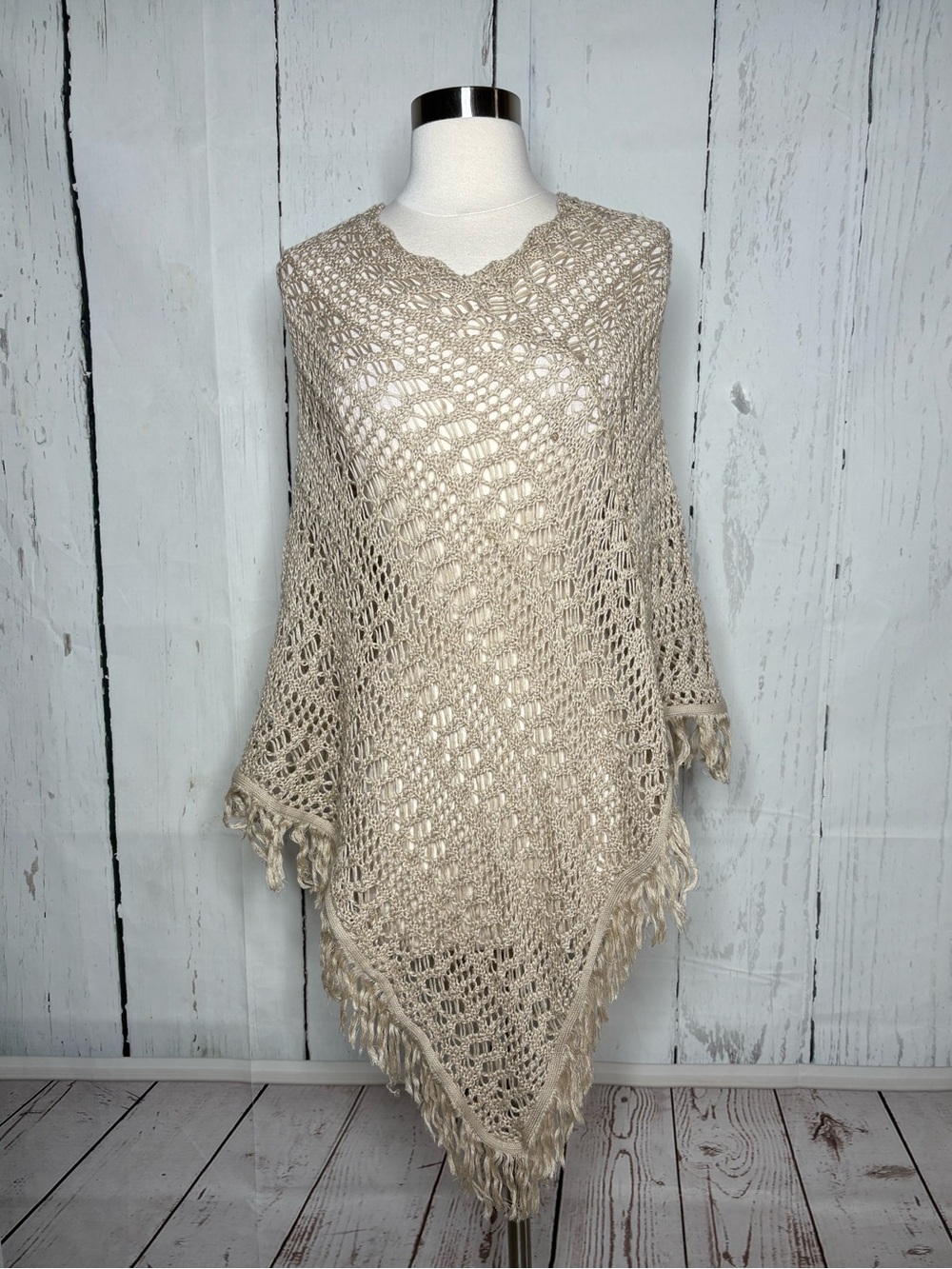 Crochet Fringe Poncho - Neutral Beige